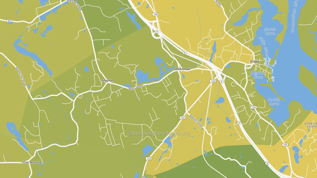 Map of the best neighborhoods in the 06409 area, with better matches in green and worse matches in red