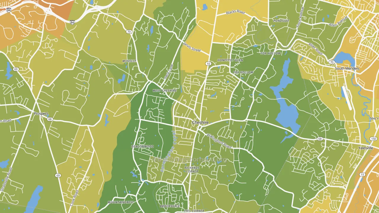 Map of the best neighborhoods in the 06410 area, with better matches in green and worse matches in red