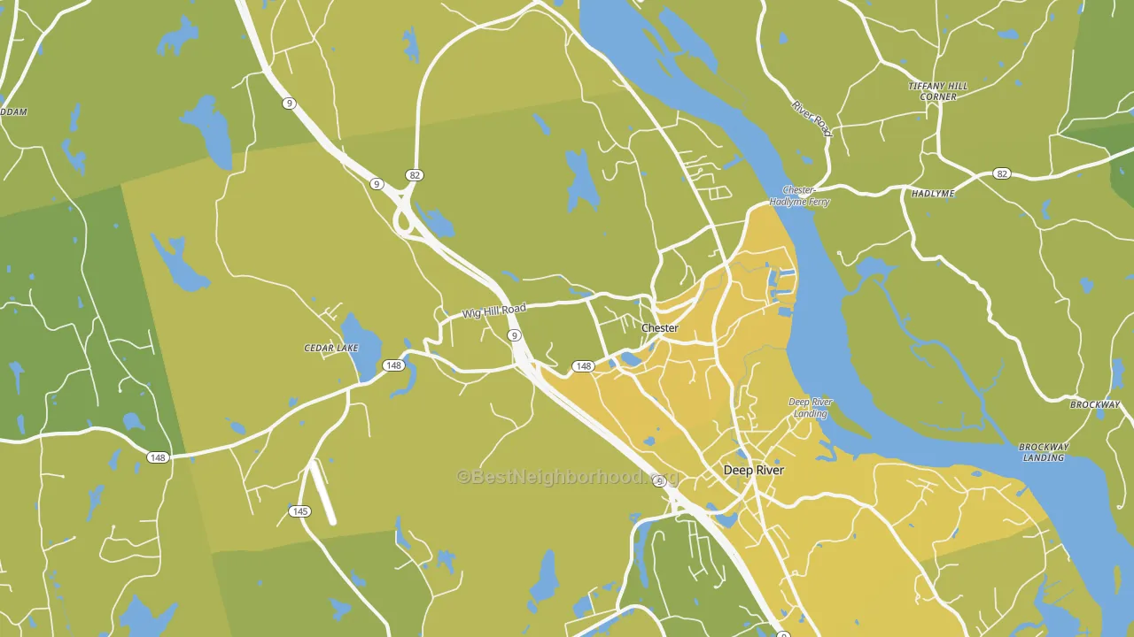 Map of the best neighborhoods in the 06412 area, with better matches in green and worse matches in red