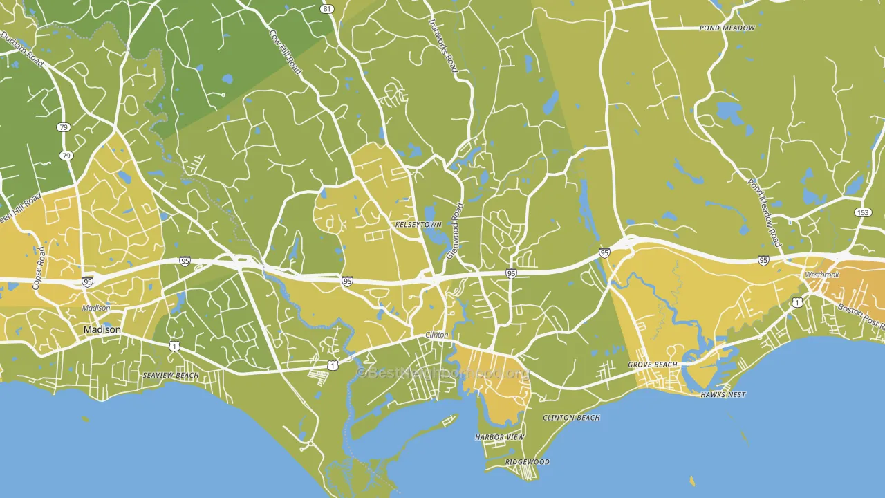 Map of the best neighborhoods in the 06413 area, with better matches in green and worse matches in red