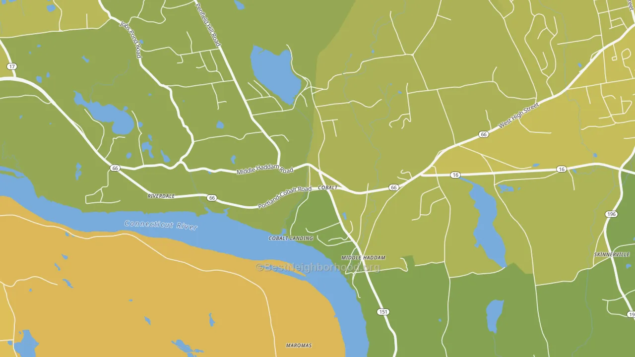 Map of the best neighborhoods in the 06414 area, with better matches in green and worse matches in red