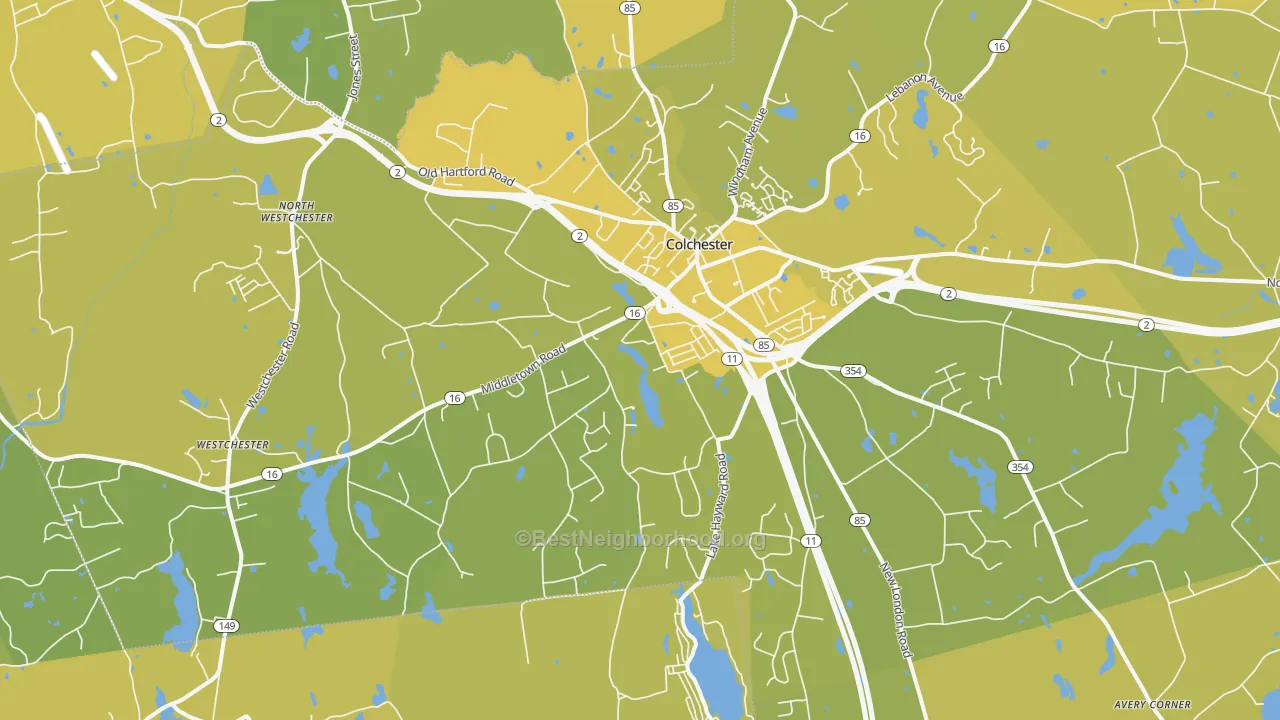 Map of the best neighborhoods in the 06415 area, with better matches in green and worse matches in red