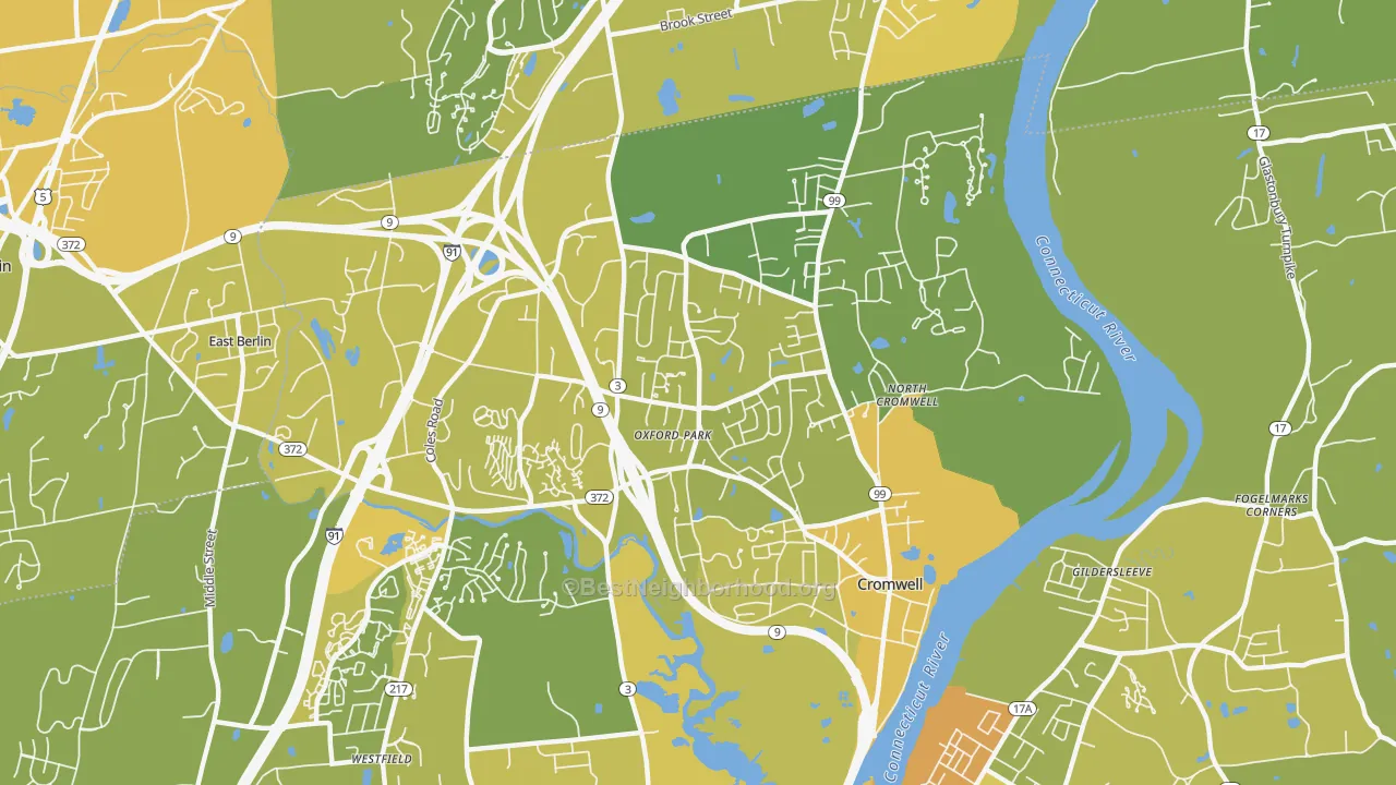 Map of the best neighborhoods in the 06416 area, with better matches in green and worse matches in red