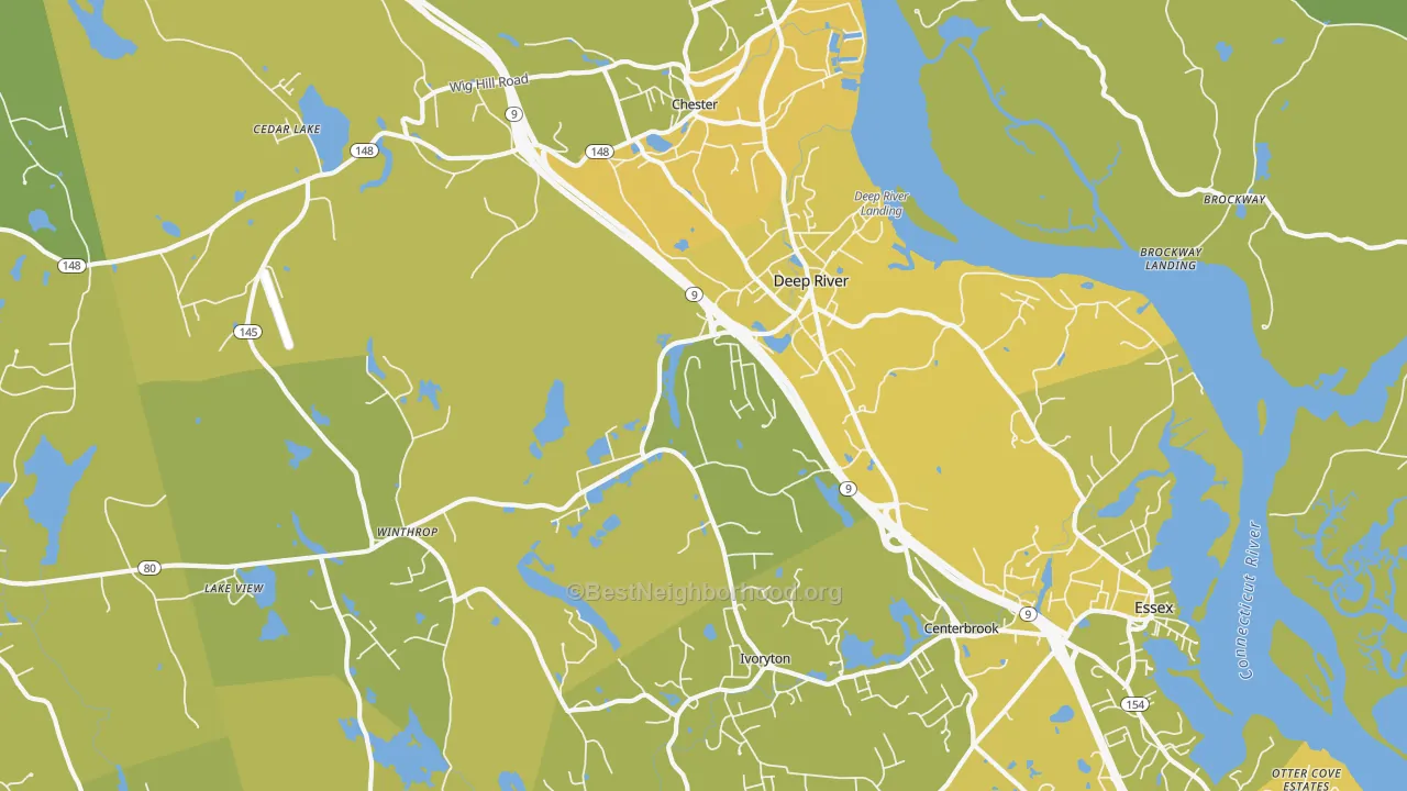 Map of the best neighborhoods in the 06417 area, with better matches in green and worse matches in red