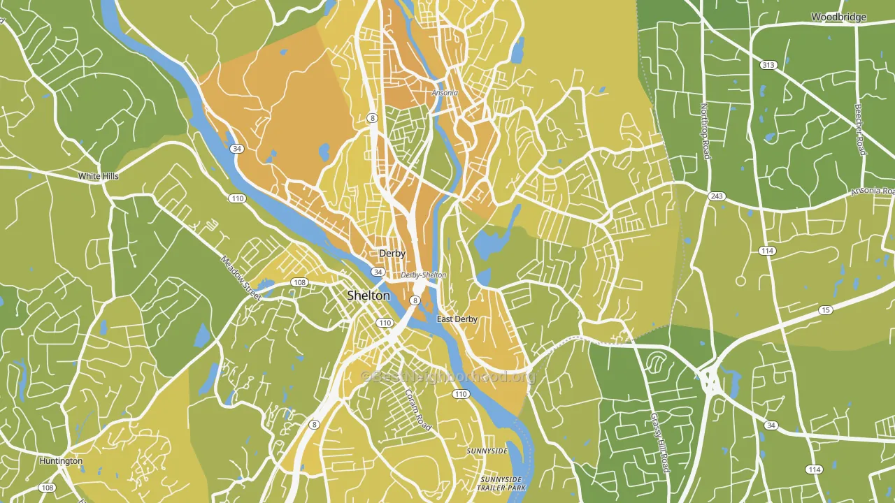 Map of the best neighborhoods in the 06418 area, with better matches in green and worse matches in red