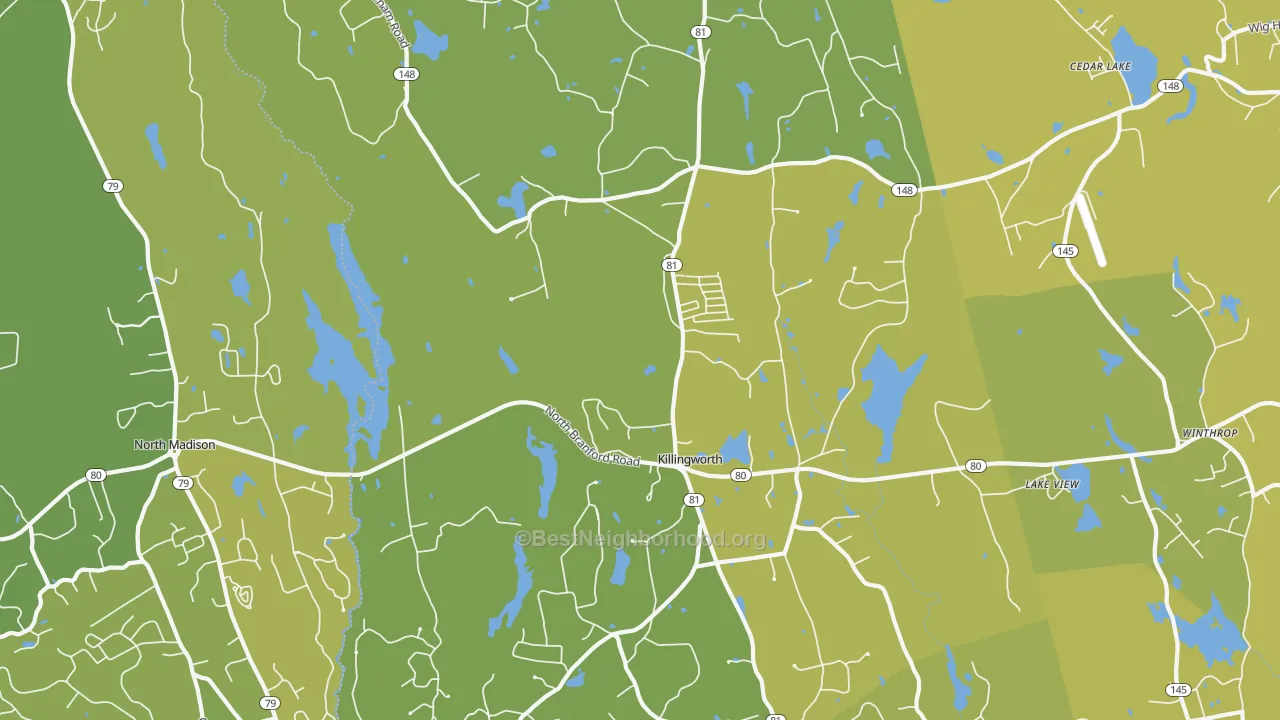 Map of the best neighborhoods in the 06419 area, with better matches in green and worse matches in red