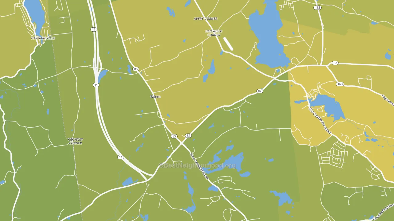 Map of the best neighborhoods in the 06420 area, with better matches in green and worse matches in red
