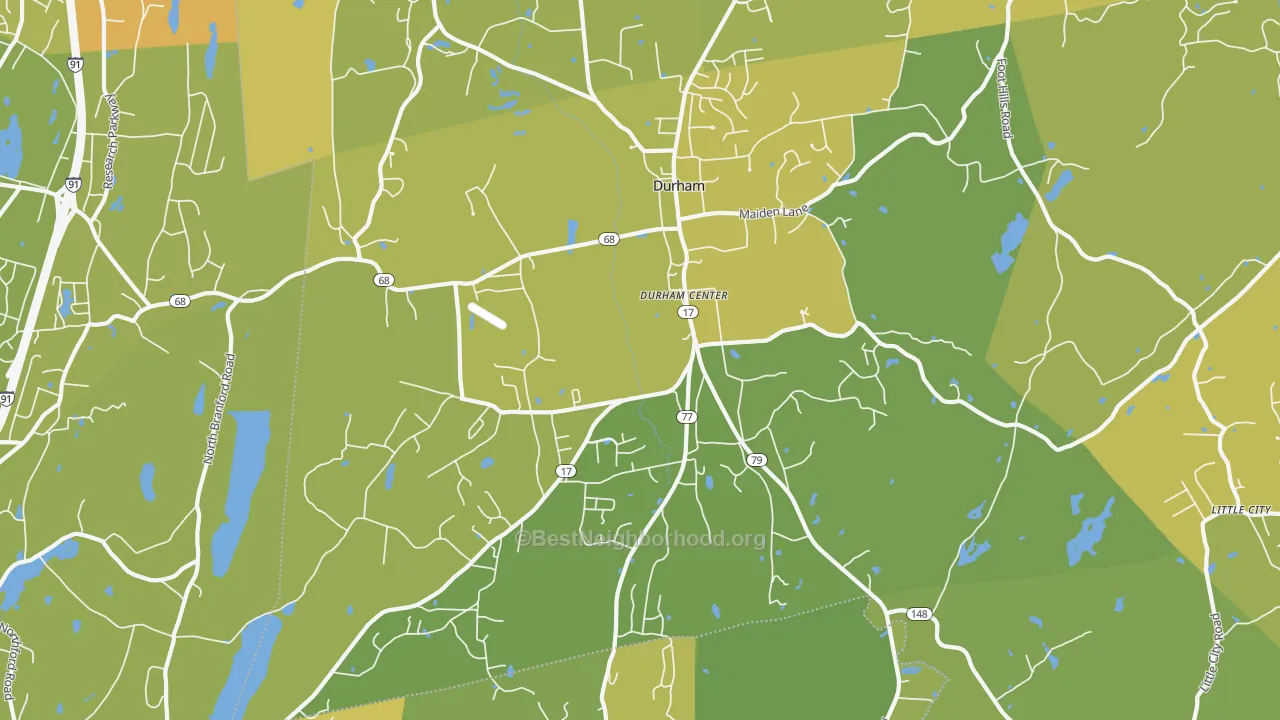 Map of the best neighborhoods in the 06422 area, with better matches in green and worse matches in red