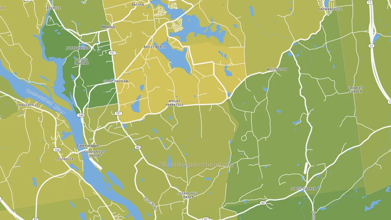 Map of the best neighborhoods in the 06423 area, with better matches in green and worse matches in red