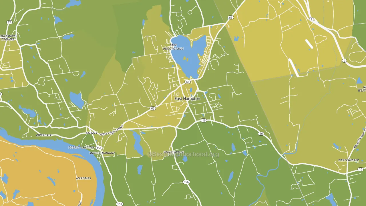 Map of the best neighborhoods in the 06424 area, with better matches in green and worse matches in red
