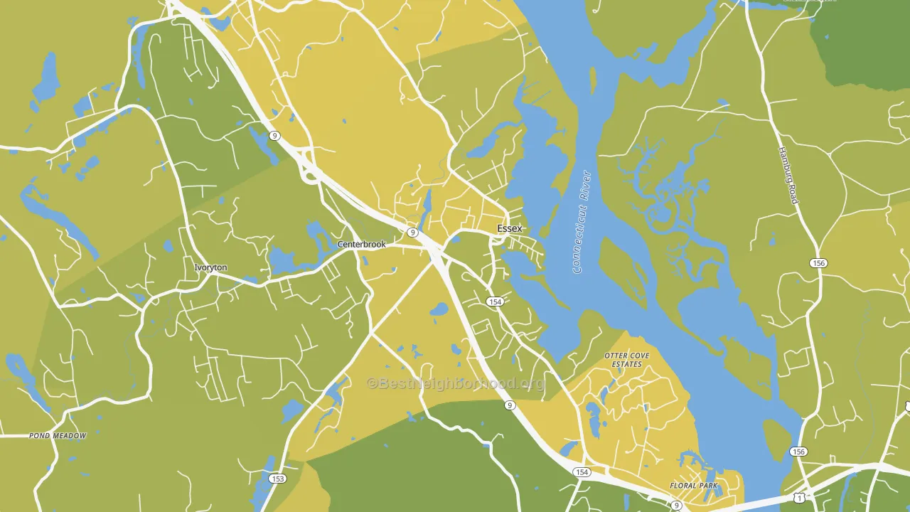 Map of the best neighborhoods in the 06426 area, with better matches in green and worse matches in red