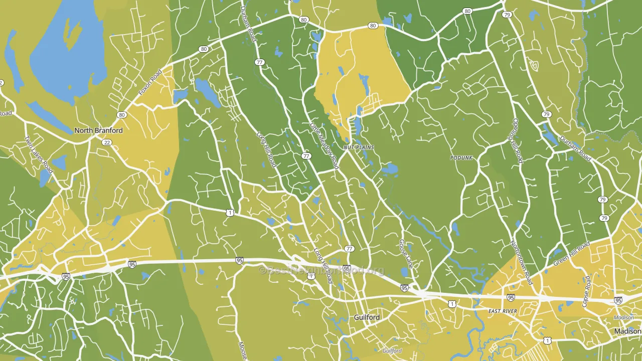 Map of the best neighborhoods in the 06437 area, with better matches in green and worse matches in red