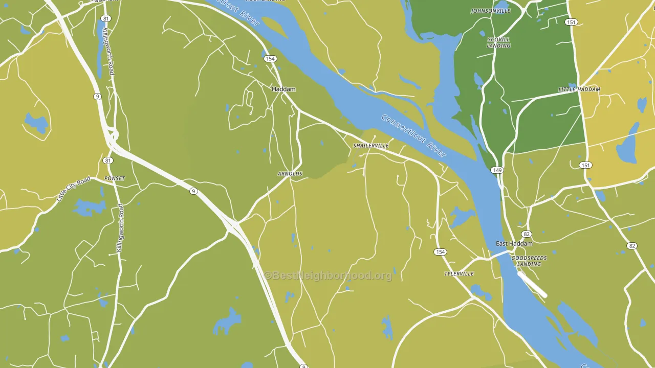 Map of the best neighborhoods in the 06438 area, with better matches in green and worse matches in red