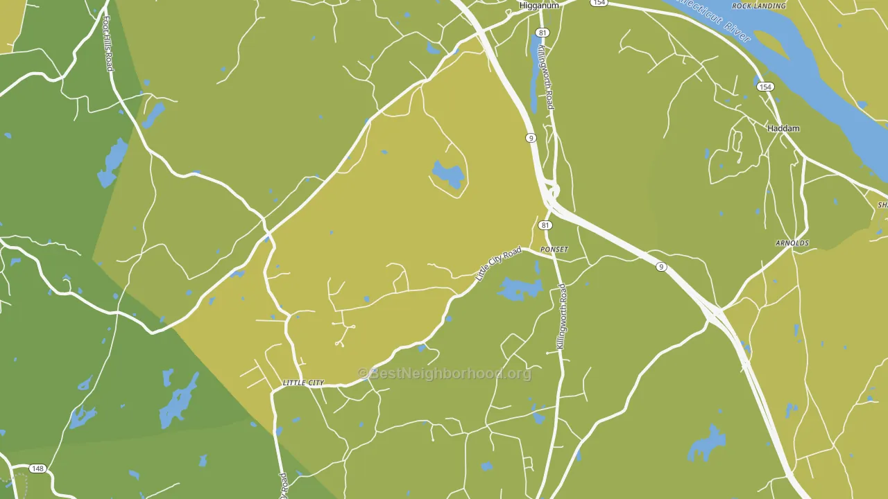 Map of the best neighborhoods in the 06441 area, with better matches in green and worse matches in red