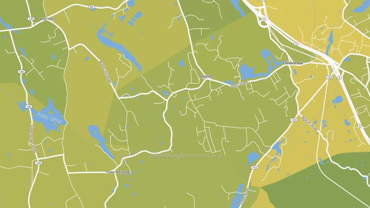 Map of the best neighborhoods in the 06442 area, with better matches in green and worse matches in red