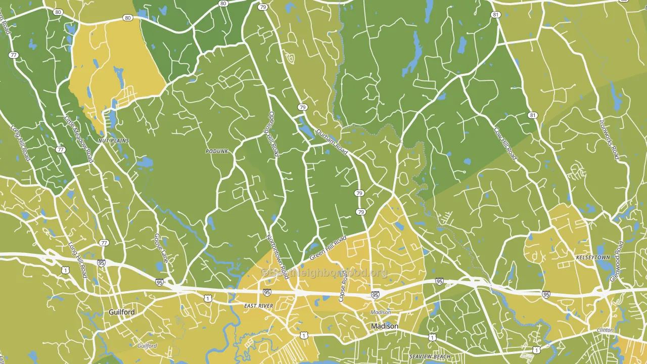 Map of the best neighborhoods in the 06443 area, with better matches in green and worse matches in red