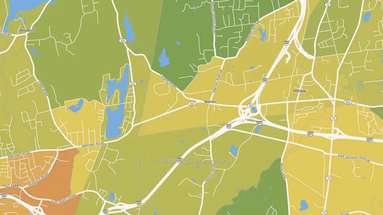Map of the best neighborhoods in the 06444 area, with better matches in green and worse matches in red