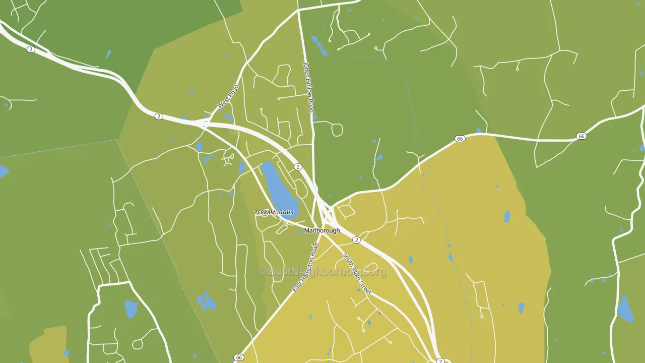 Map of the best neighborhoods in the 06447 area, with better matches in green and worse matches in red