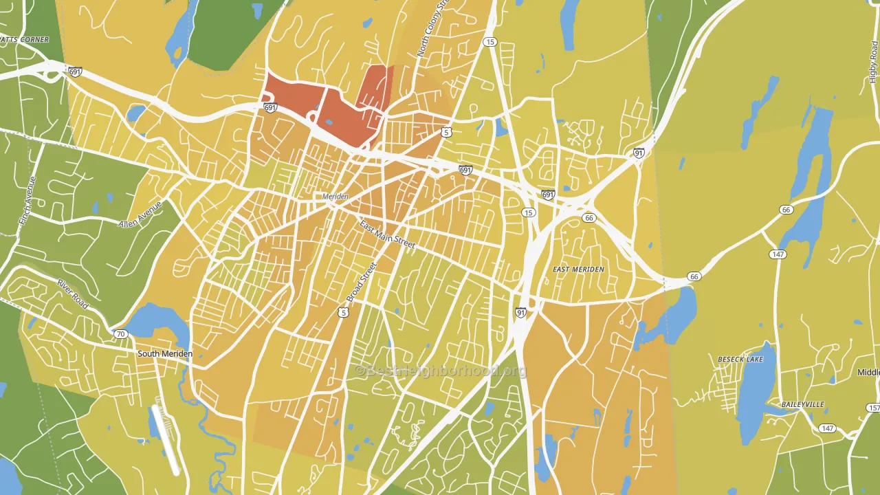 Map of the best neighborhoods in the 06450 area, with better matches in green and worse matches in red