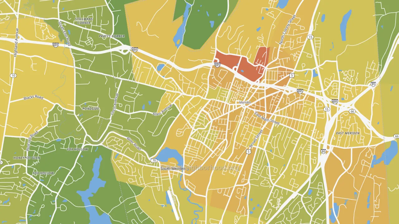 Map of the best neighborhoods in the 06451 area, with better matches in green and worse matches in red