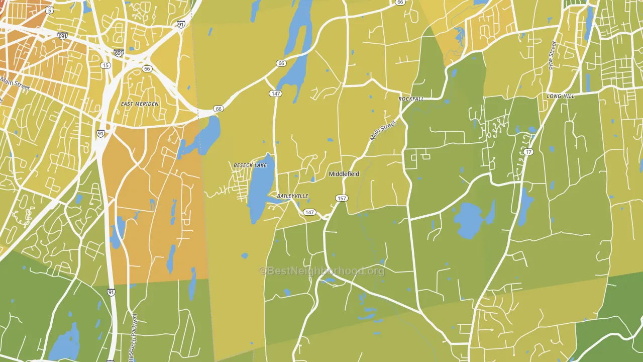 Map of the best neighborhoods in the 06455 area, with better matches in green and worse matches in red