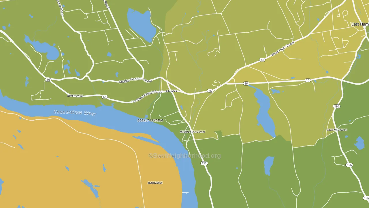 Map of the best neighborhoods in the 06456 area, with better matches in green and worse matches in red