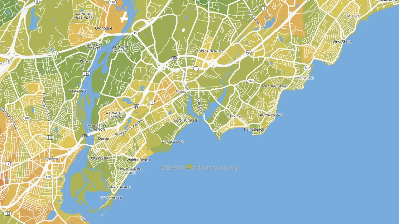 Map of the best neighborhoods in the 06460 area, with better matches in green and worse matches in red
