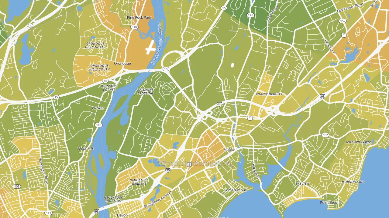 Map of the best neighborhoods in the 06461 area, with better matches in green and worse matches in red