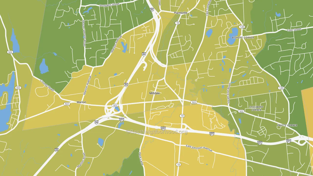 Map of the best neighborhoods in the 06467 area, with better matches in green and worse matches in red