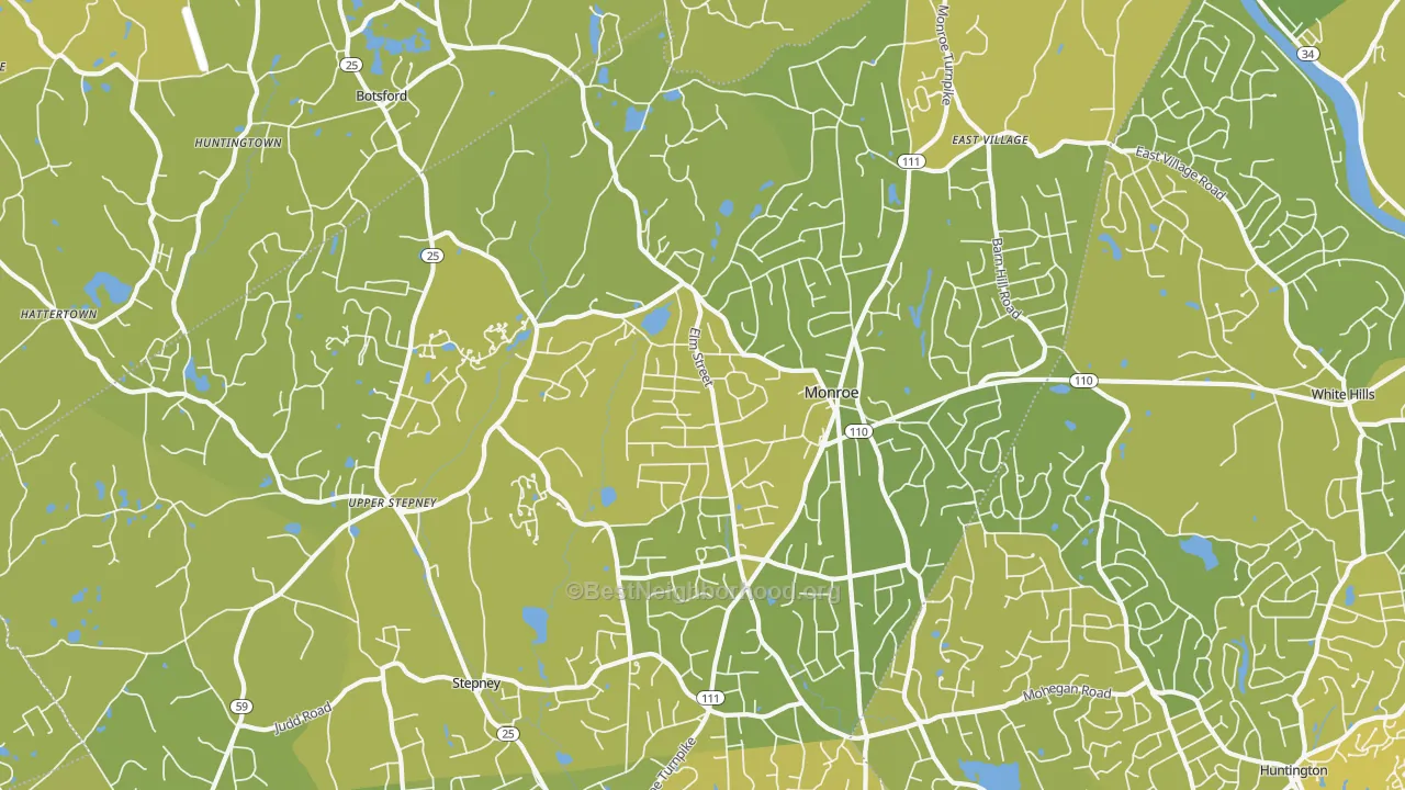Map of the best neighborhoods in the 06468 area, with better matches in green and worse matches in red