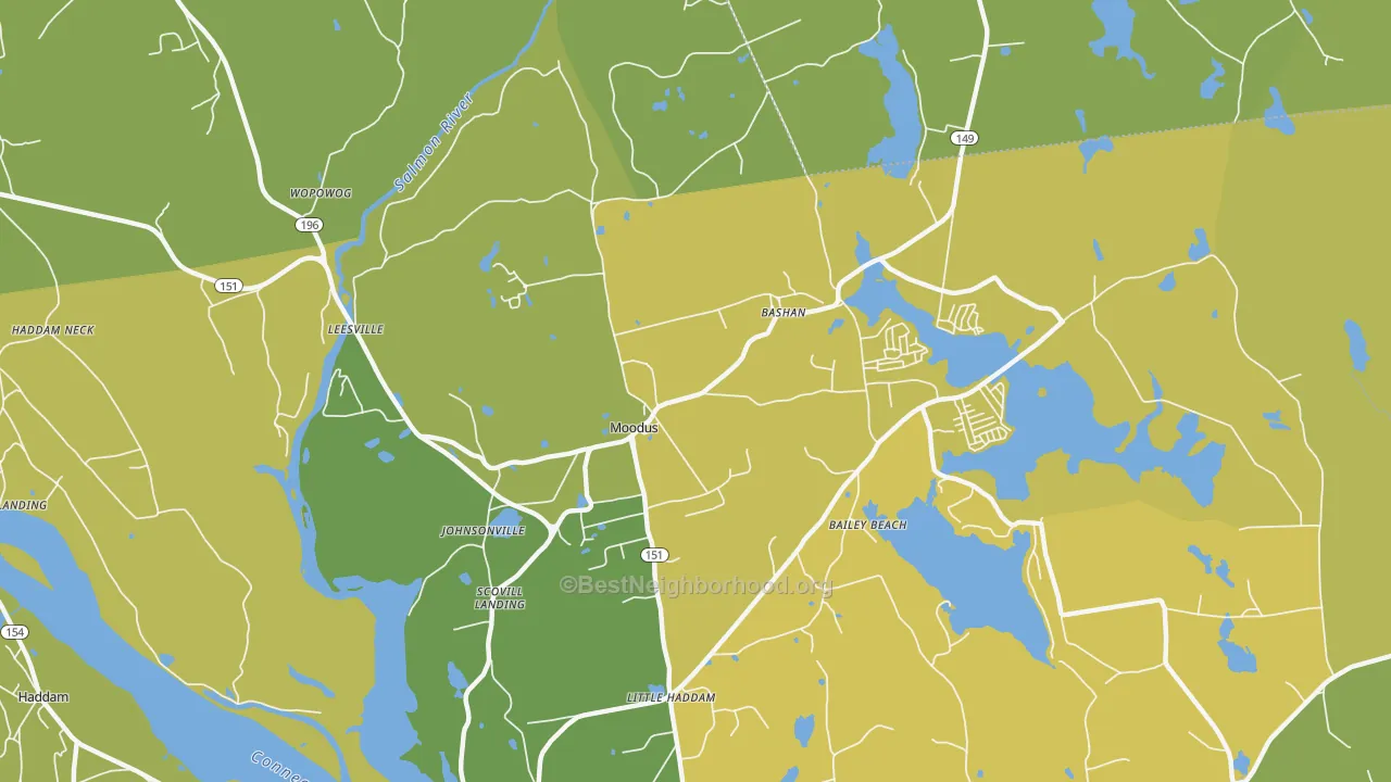Map of the best neighborhoods in the 06469 area, with better matches in green and worse matches in red