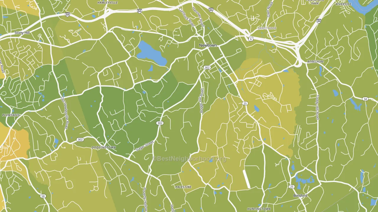 Map of the best neighborhoods in the 06470 area, with better matches in green and worse matches in red