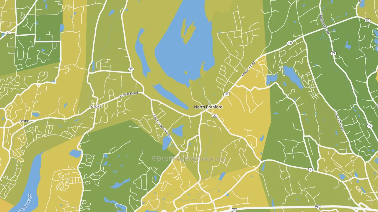 Map of the best neighborhoods in the 06471 area, with better matches in green and worse matches in red