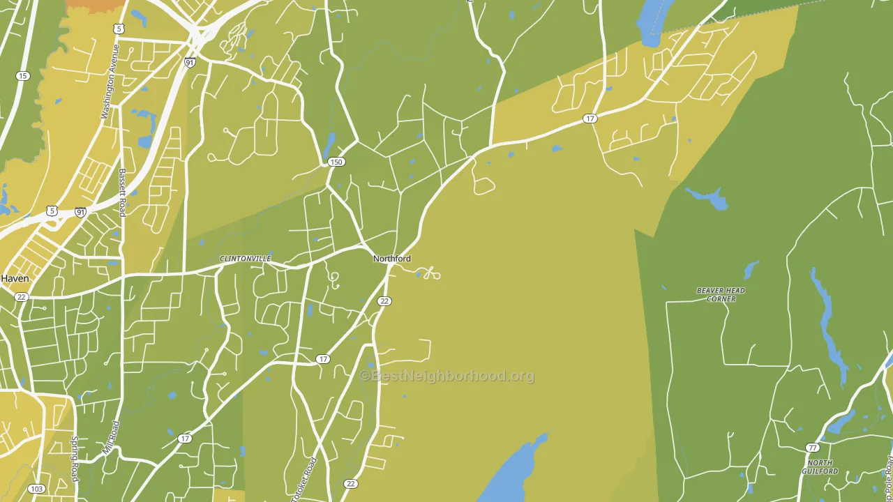 Map of the best neighborhoods in the 06472 area, with better matches in green and worse matches in red