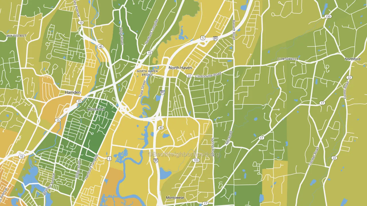 Map of the best neighborhoods in the 06473 area, with better matches in green and worse matches in red