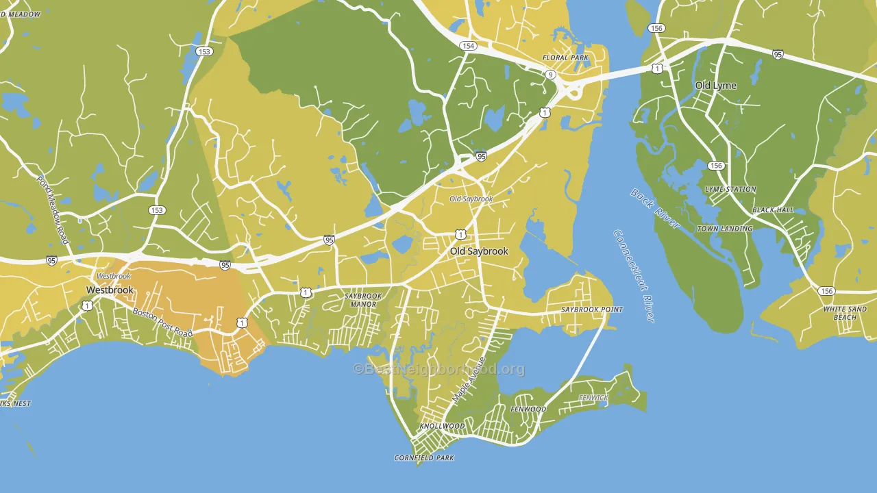 Map of the best neighborhoods in the 06475 area, with better matches in green and worse matches in red