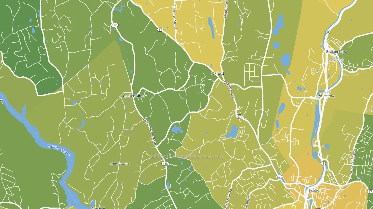 Map of the best neighborhoods in the 06478 area, with better matches in green and worse matches in red