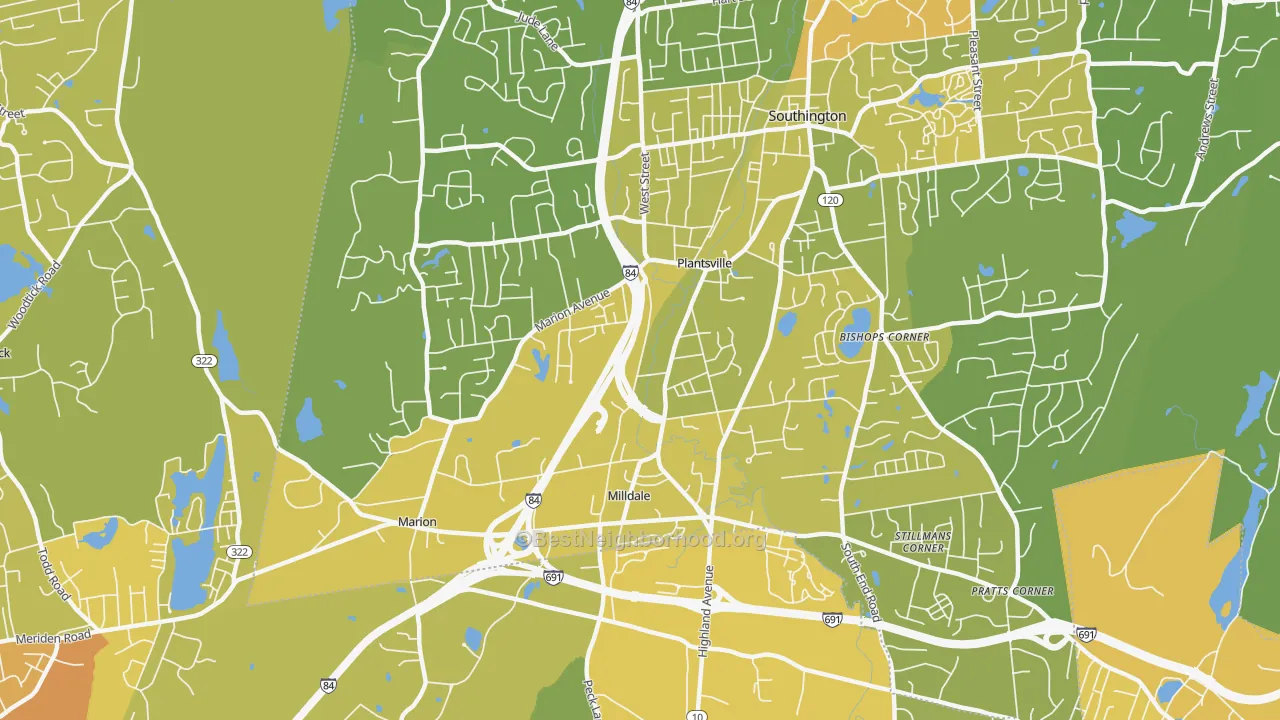Map of the best neighborhoods in the 06479 area, with better matches in green and worse matches in red