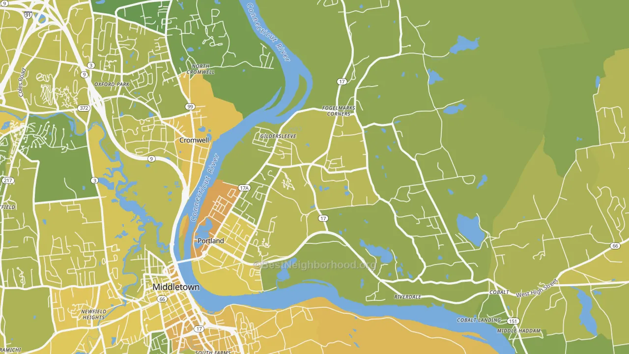 Map of the best neighborhoods in the 06480 area, with better matches in green and worse matches in red