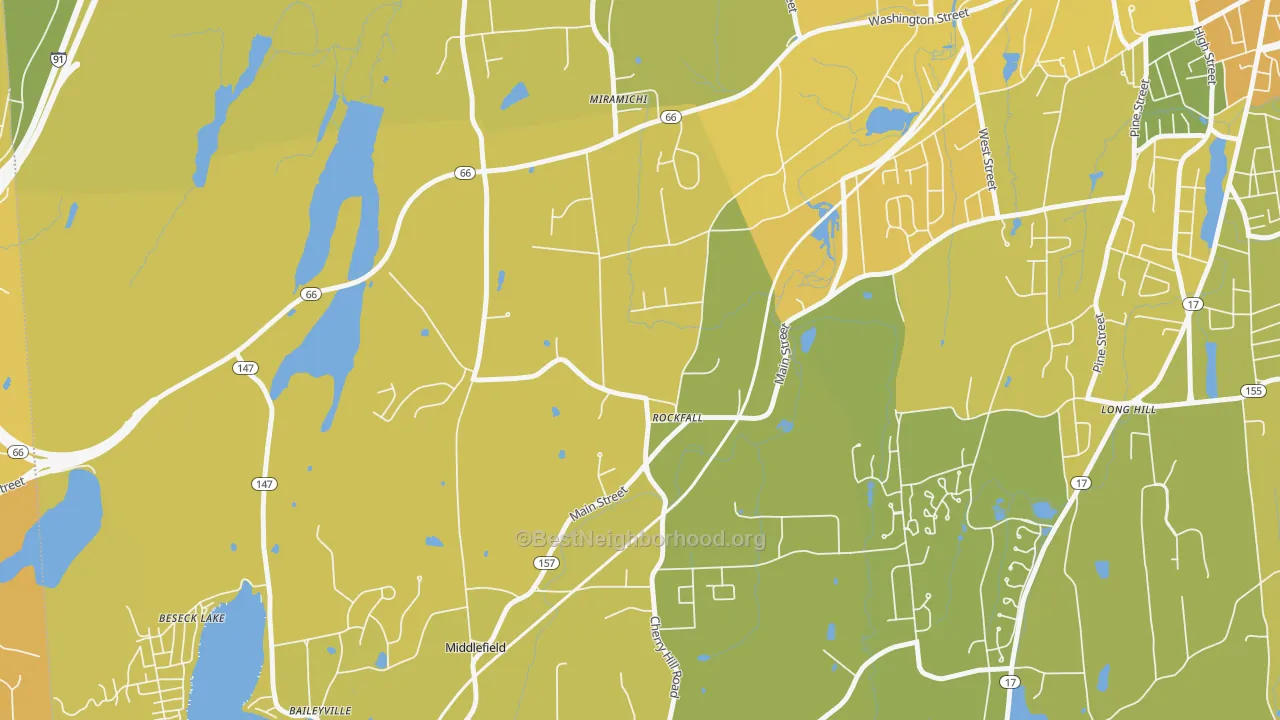 Map of the best neighborhoods in the 06481 area, with better matches in green and worse matches in red