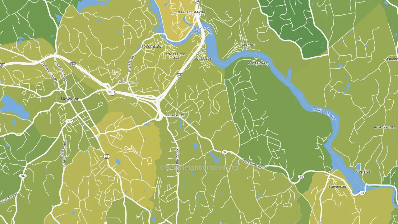 Map of the best neighborhoods in the 06482 area, with better matches in green and worse matches in red