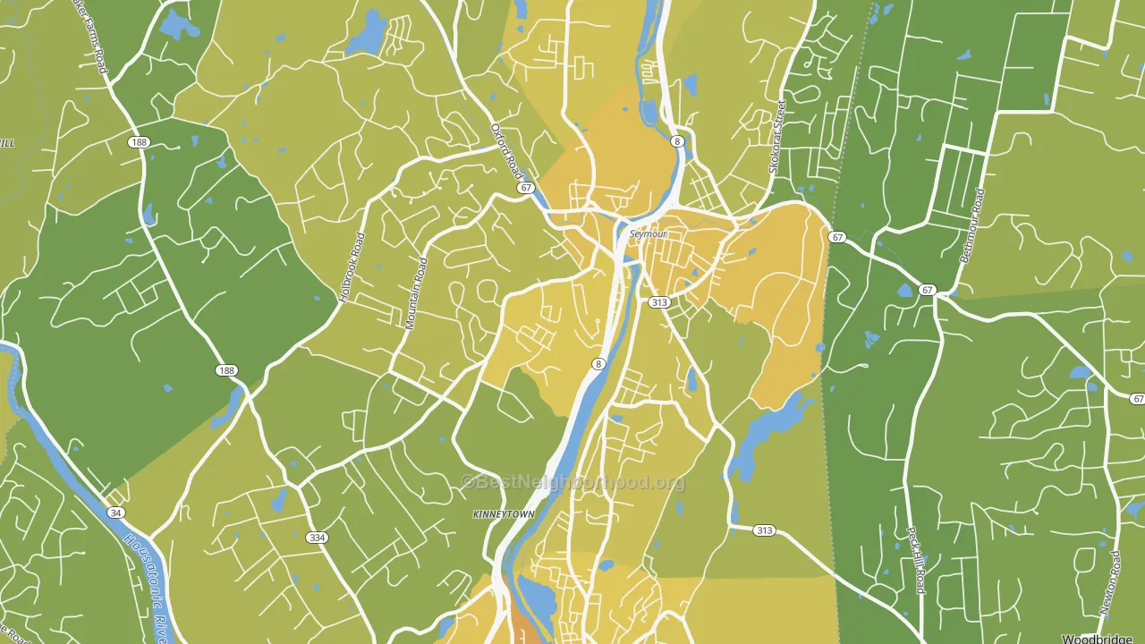 Map of the best neighborhoods in the 06483 area, with better matches in green and worse matches in red