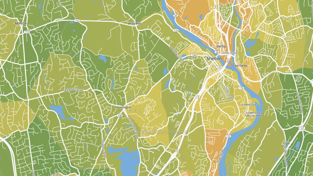 Map of the best neighborhoods in the 06484 area, with better matches in green and worse matches in red