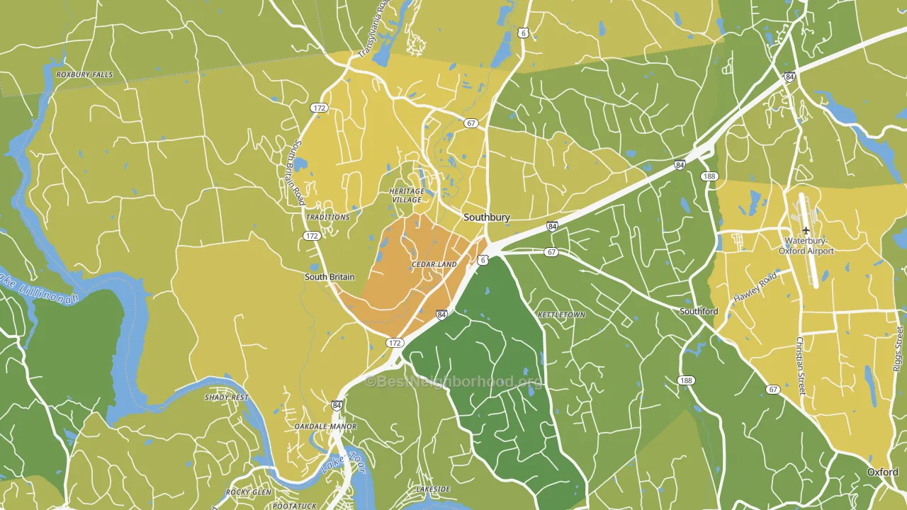 Map of the best neighborhoods in the 06488 area, with better matches in green and worse matches in red