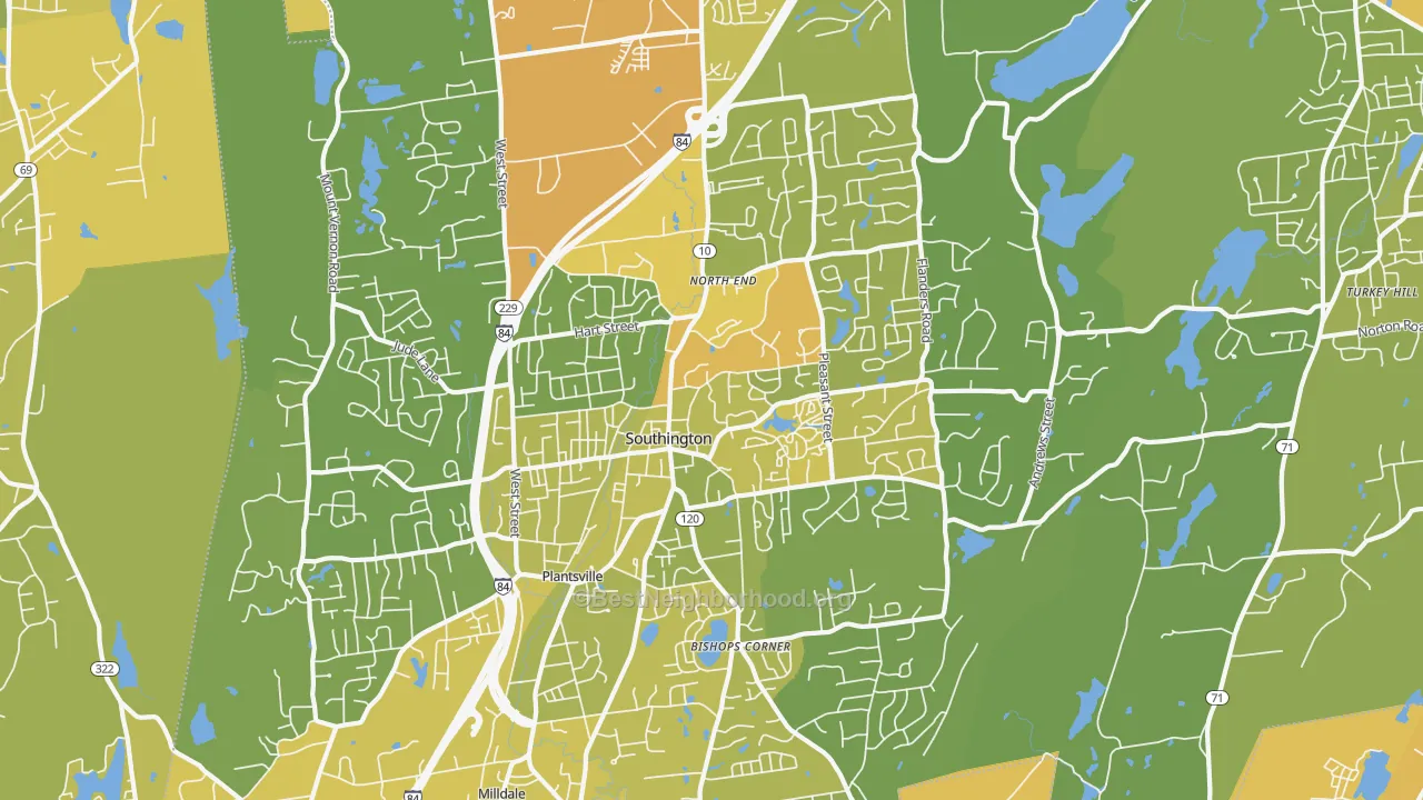 Map of the best neighborhoods in the 06489 area, with better matches in green and worse matches in red