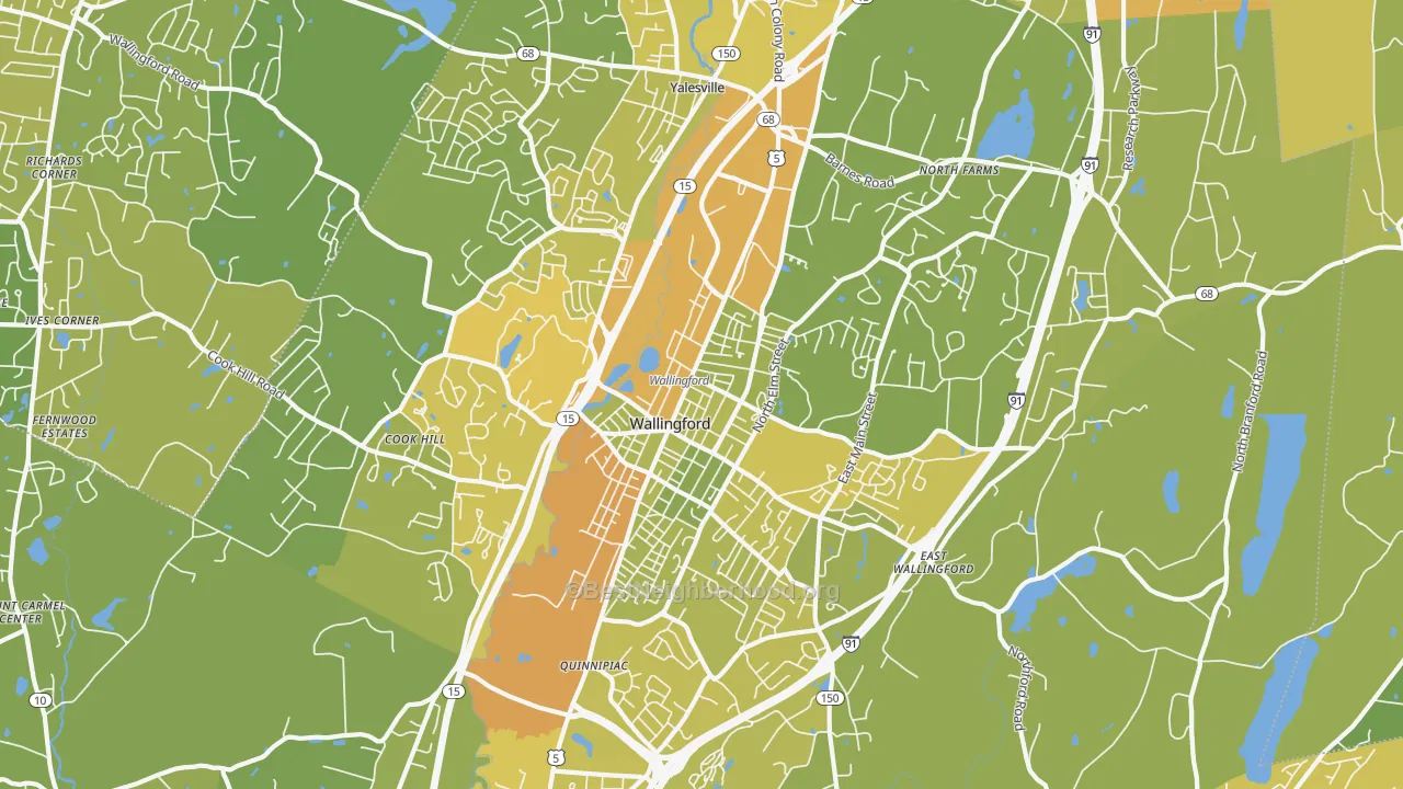 Map of the best neighborhoods in the 06492 area, with better matches in green and worse matches in red