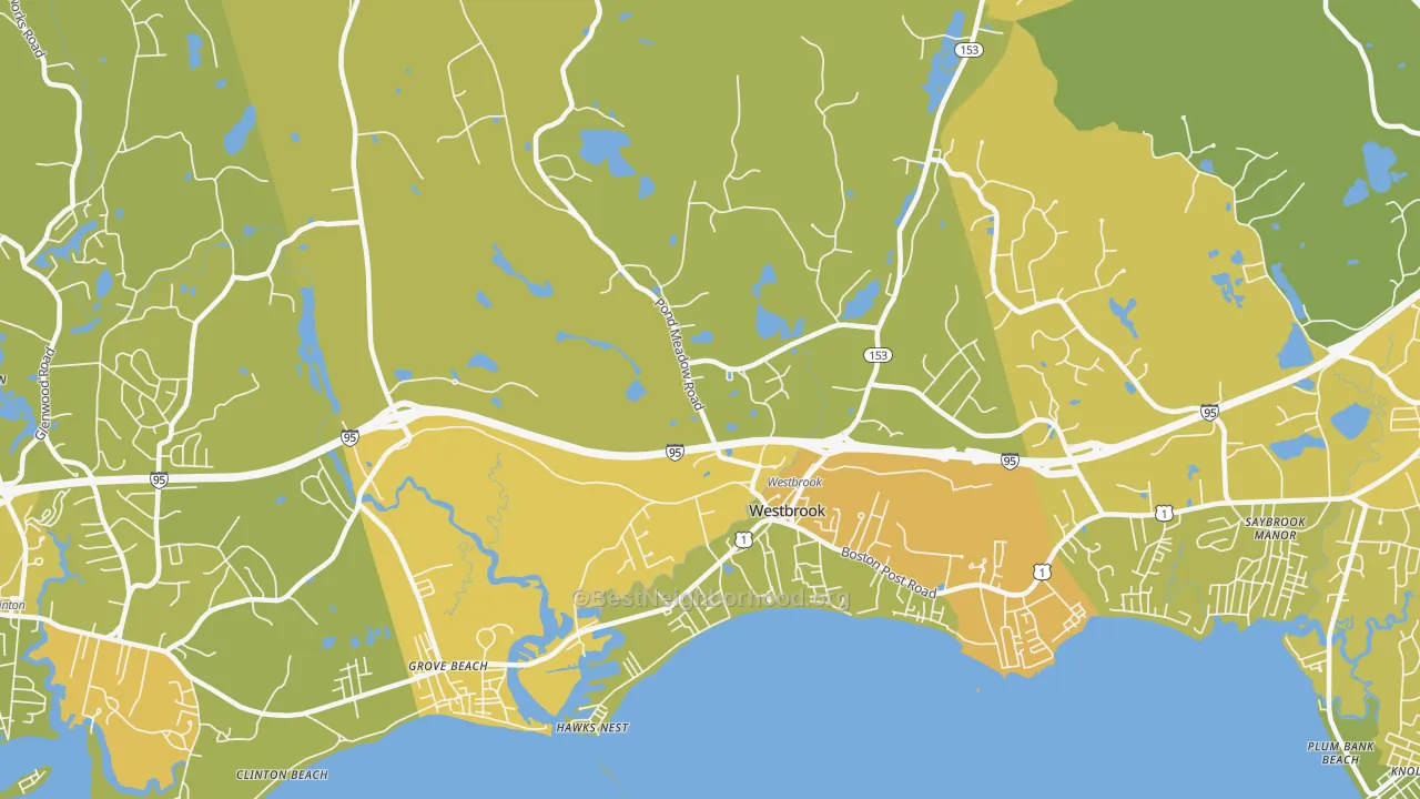 Map of the best neighborhoods in the 06498 area, with better matches in green and worse matches in red
