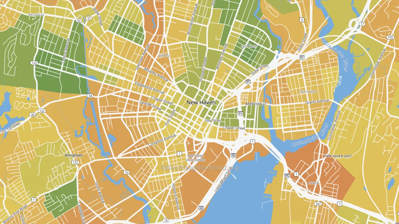 Map of the best neighborhoods in the 06510 area, with better matches in green and worse matches in red