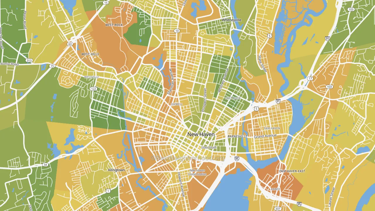 Map of the best neighborhoods in the 06511 area, with better matches in green and worse matches in red