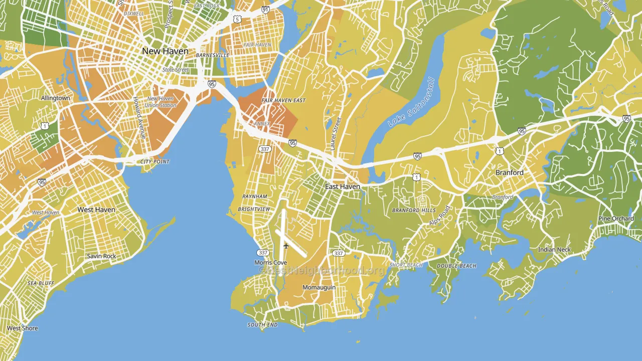 Map of the best neighborhoods in the 06512 area, with better matches in green and worse matches in red